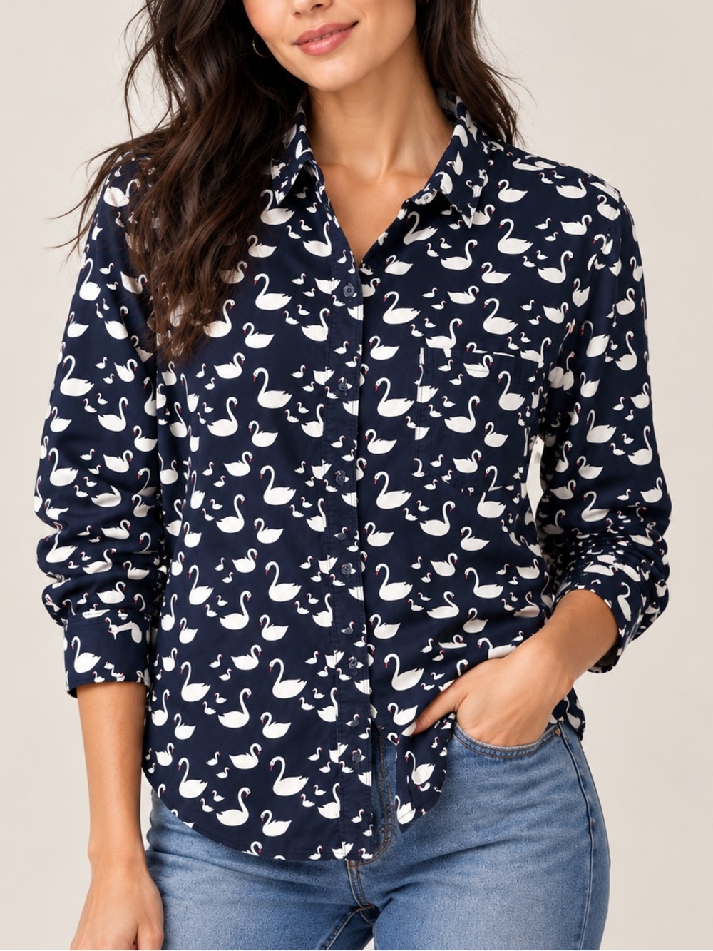 Banana Republic Navy Blue Swan Print Button Down Shirt Preppy Casual Size M